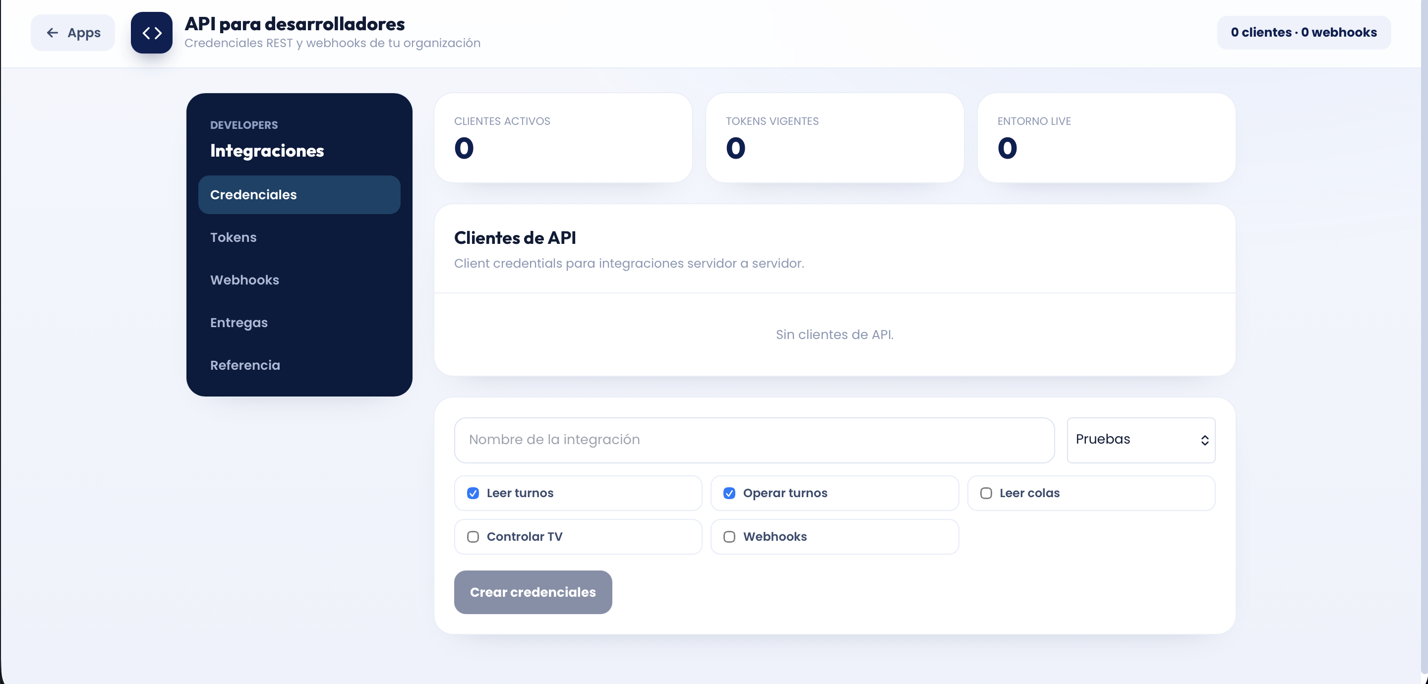 Interfaz de API para Desarrolladores en Digiturnos
