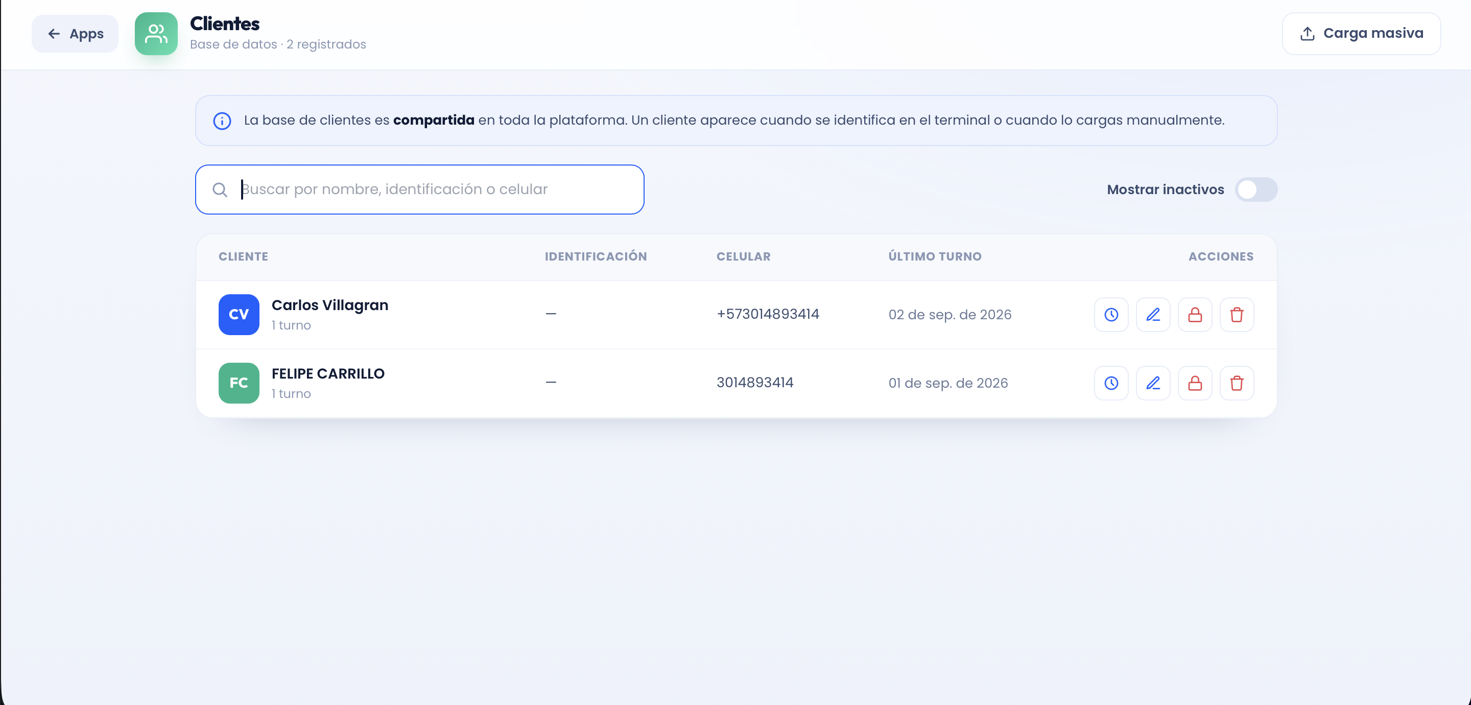 Interfaz de Clientes: base de datos de las personas atendidas en Digiturnos
