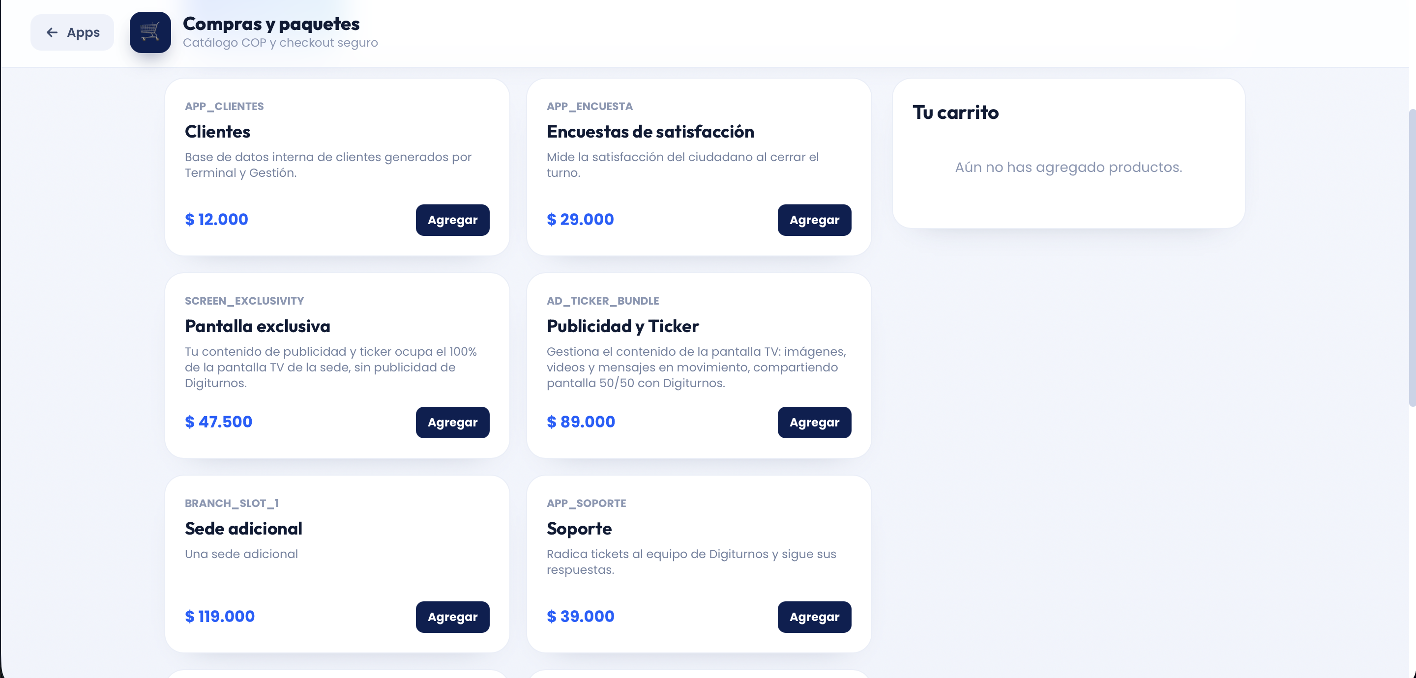 Interfaz de Compras, Paquetes y Facturación en Digiturnos