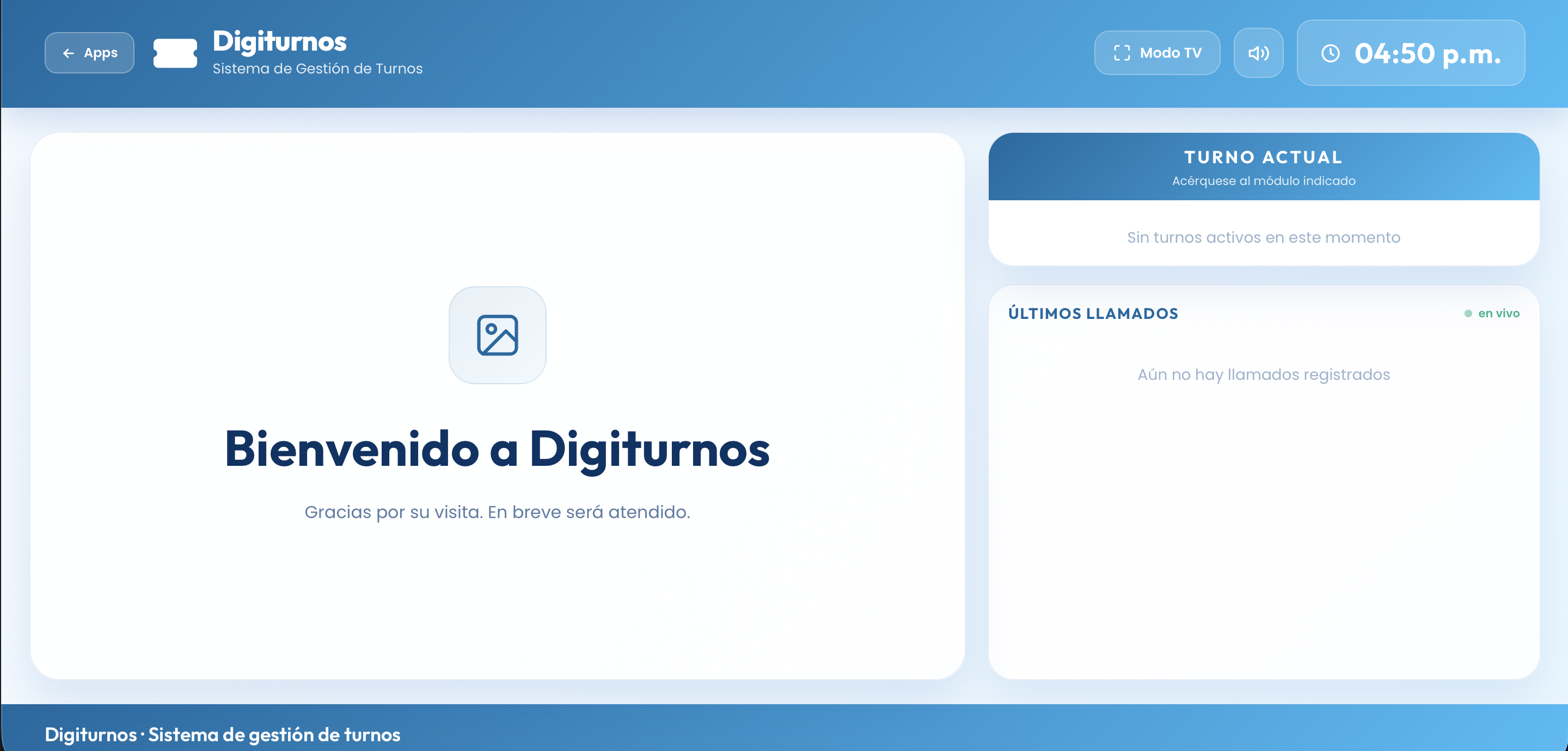 Interfaz de Pantalla TV: el llamado en la sala de espera en Digiturnos