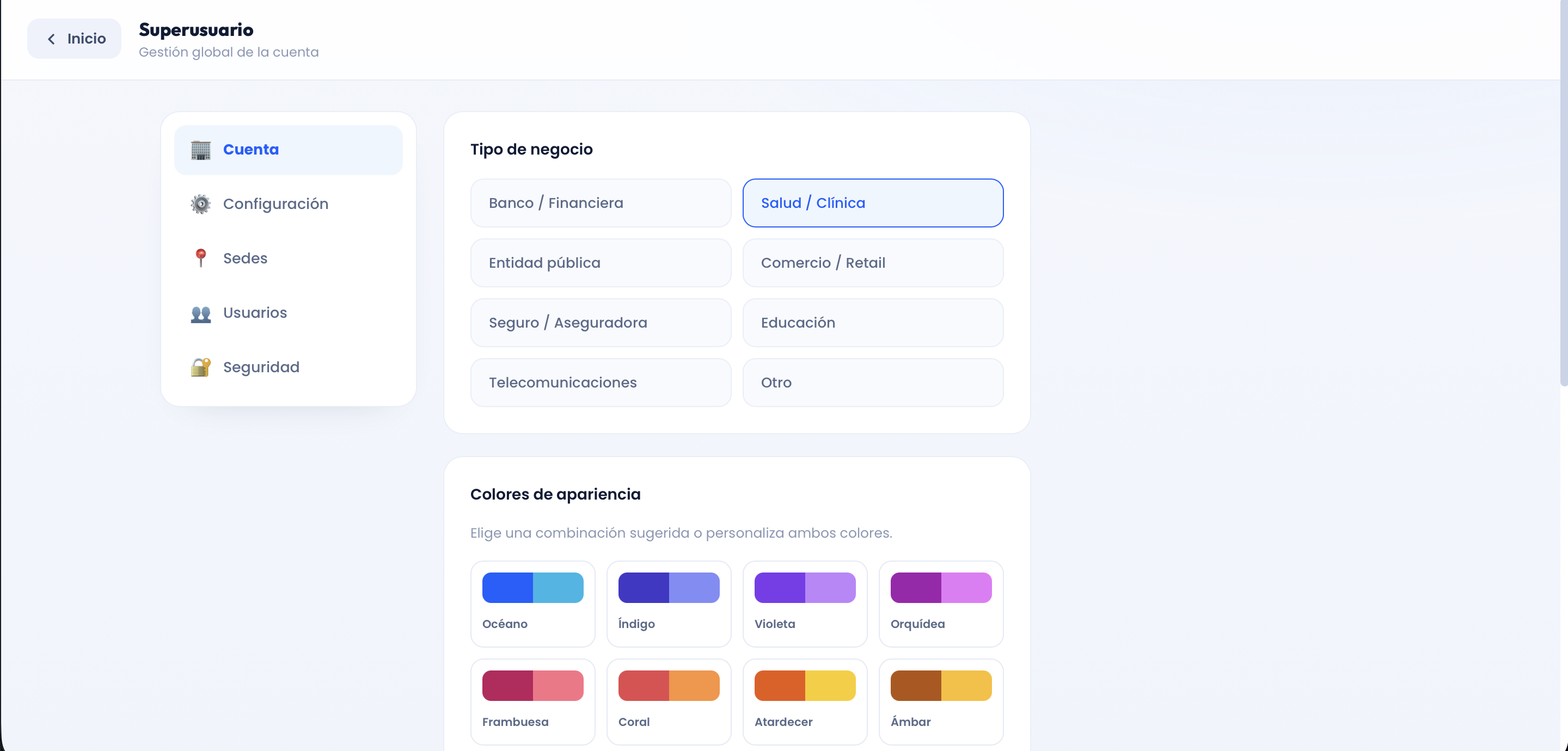 Interfaz de Configuración de la cuenta (Superusuario) en Digiturnos