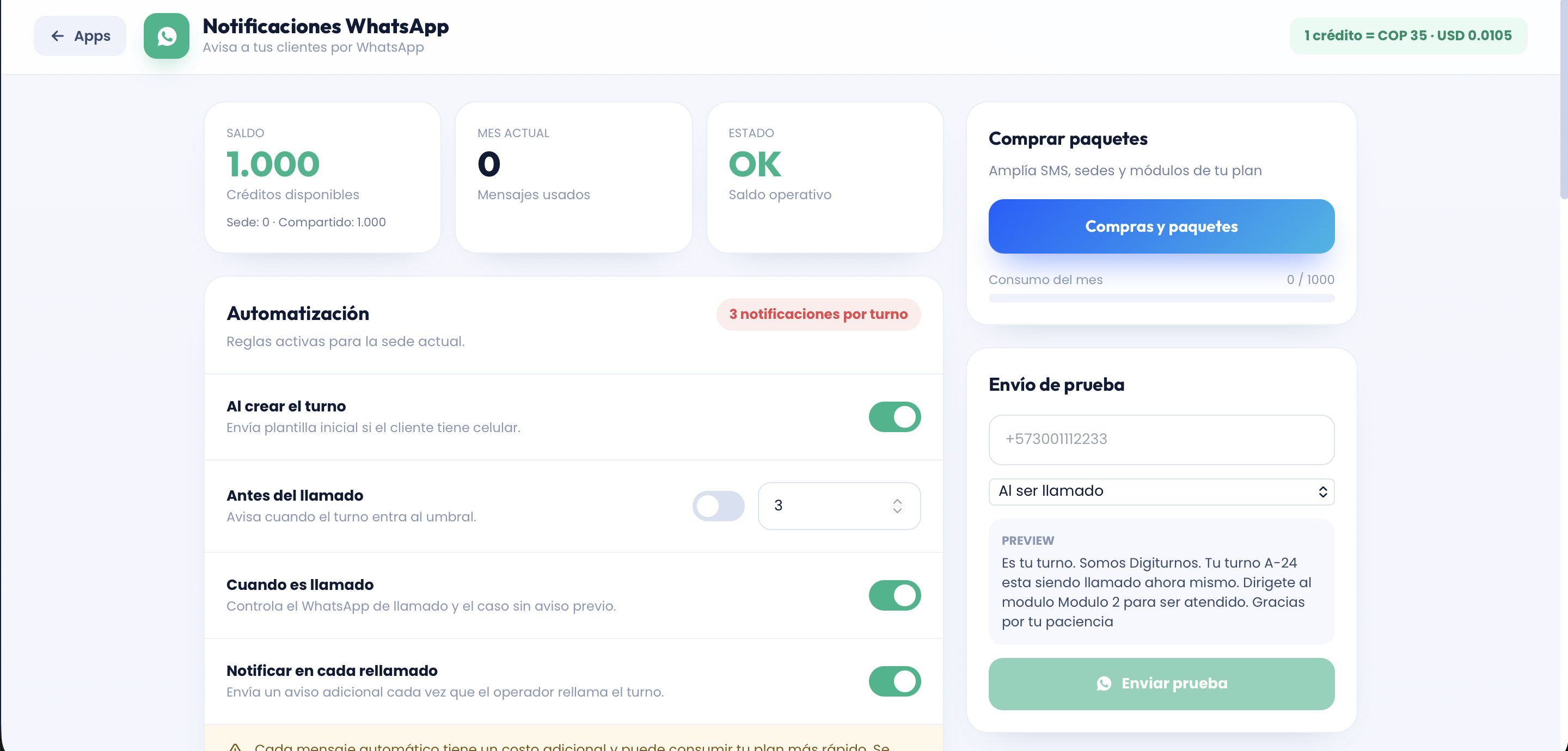 Interfaz de Notificaciones por SMS y WhatsApp en Digiturnos